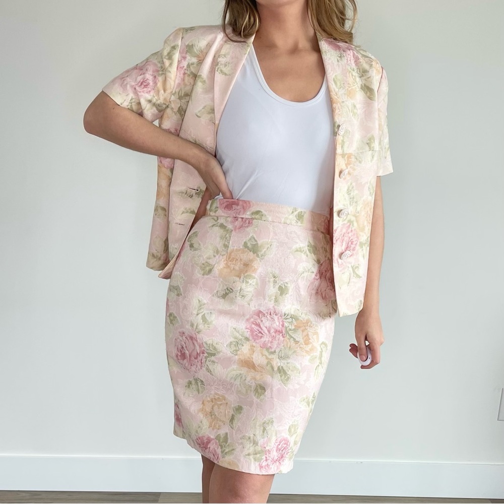 Vintage Leuer Cordier French Brocade Floral 2 Piece Skirt & Blazer Set (S)